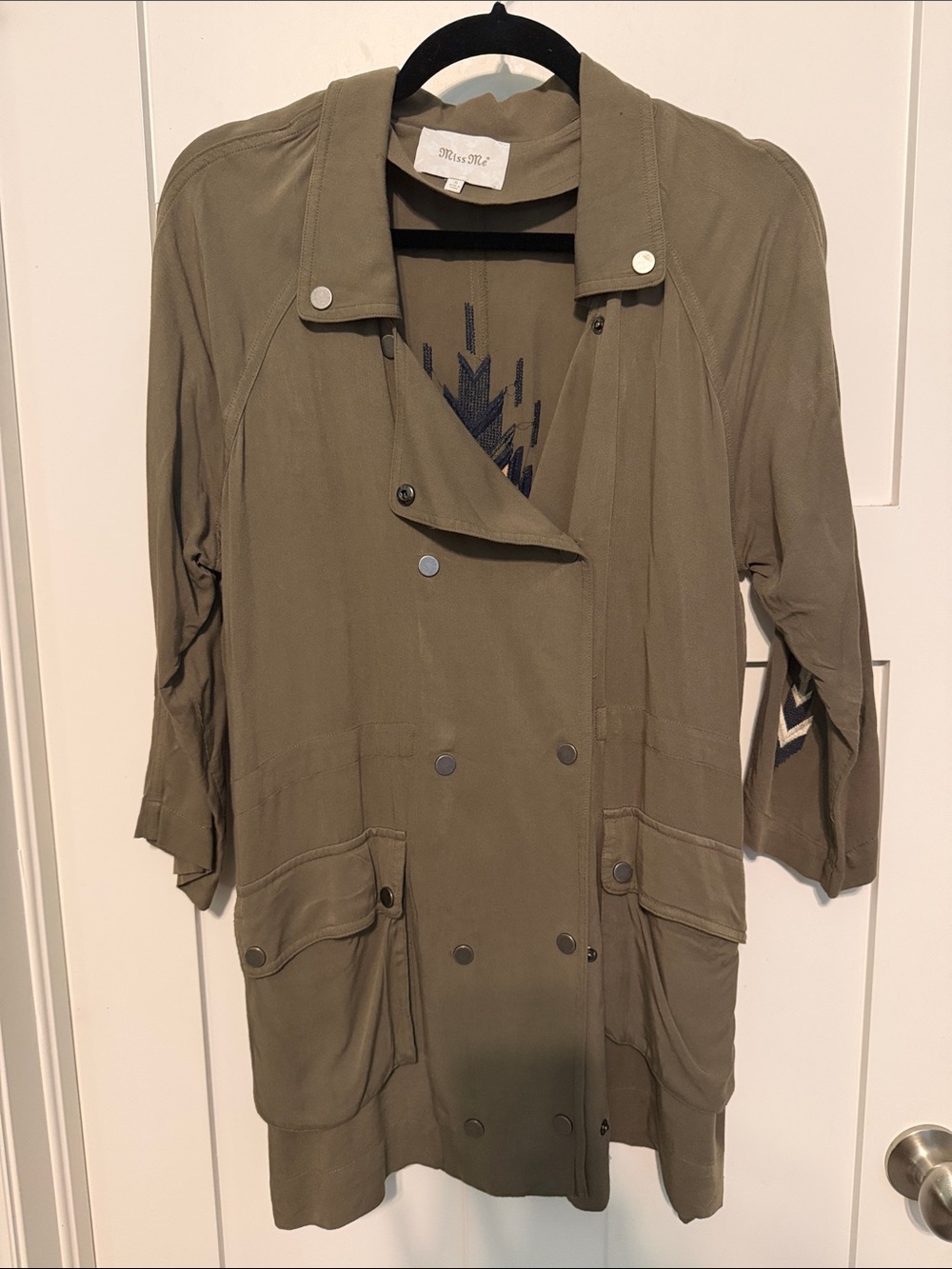 Miss Me Olive-Green Lightweight Utility Jacket Southwest Embroidered